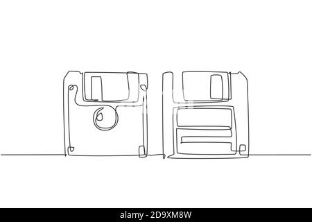 One single line drawing of retro old classic 3.5 inch floppy disk front and back side. Vintage file storage diskette item concept continuous line Stock Vector