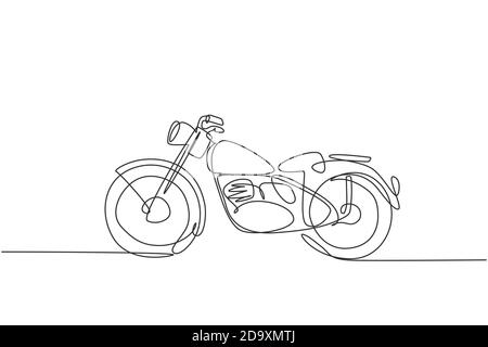 Single continuous line drawing of classic motorbike logo. Rural