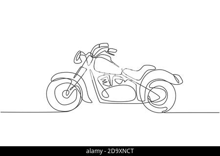 Single continuous line drawing of classic motorbike logo. Rural