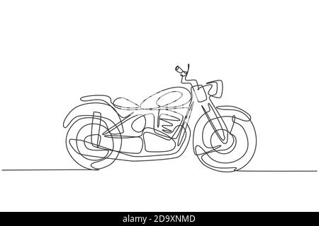 Single continuous line drawing of old classic vintage chopper motorcycle symbol. Retro motorbike transportation concept one line draw design graphic Stock Vector