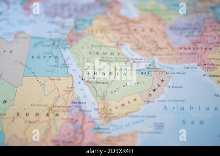 The Country of Saudi Arabia on a Colorful and Blurry Middle East Map Stock Photo