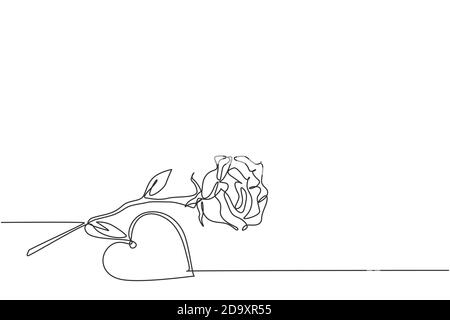 One continuous line drawing of fresh romantic beautiful rose flower and heart shape greeting card. Trendy invitation, logo, banner, poster concept Stock Vector