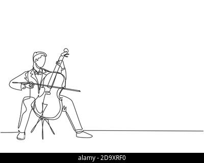 One single line drawing of young happy male cellist performing to play cello on classical orchestra concert. Musician artist performance concept Stock Vector