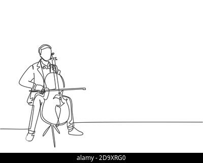 One single line drawing of young happy male cellist performing to play cello on classical orchestra theater. Musician artist performance concept Stock Vector