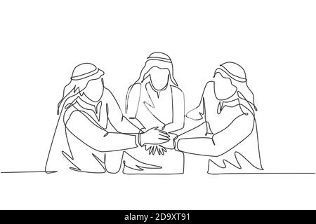 One continuous line drawing young muslim marketing manager deal a project together. Saudi Arabian businessmen with kandura, scarf, keffiyeh clothing Stock Vector