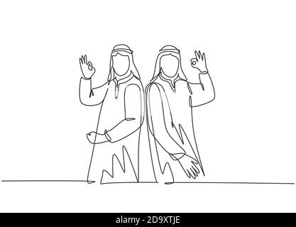 One single line drawing of young happy muslim employees give OK alright hands gesture. Saudi Arabian businessmen with shmag, headscarf, thobe, ghutra. Stock Vector