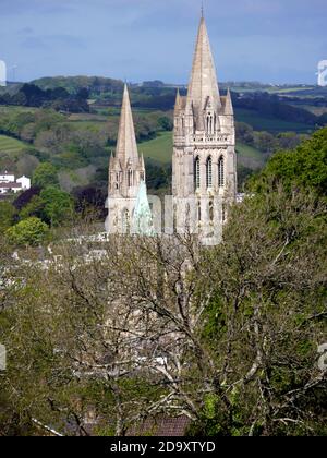 The towers of Truro Cathedral, Cornwall, seen from St Clement's Hill. Stock Photo
