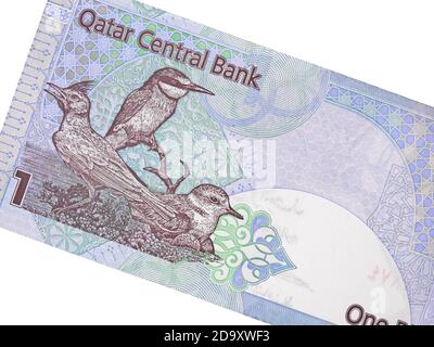 Qatari one riyal banknote closeup isolated, Qatar money close up Stock Photo