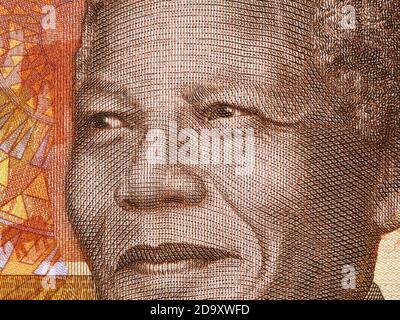 Nelson Mandela portrait on South African money 20 rand banknote close up. Leader of African people and former president of South Africa, Nobel Prize W Stock Photo