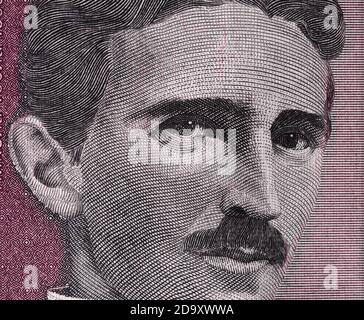 Nikola Tesla portrait on Yugoslavia 5 dinars(1994) banknote closeup macro, genius physics inventor Stock Photo