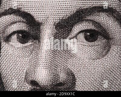 Caravaggio face on 100000 italian lire banknote extreme macro. Stock Photo