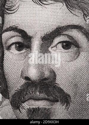 Caravaggio portrait on 100000 italian lire banknote macro. One of the greatest and innovative painter of the Italy Renaissance. Stock Photo