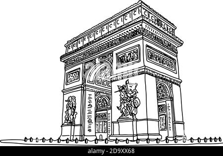 Arc de Triomphe or Triumphal Arch of the Star in France vector illustration sketch doodle hand drawn with black lines isolated on white background Stock Vector