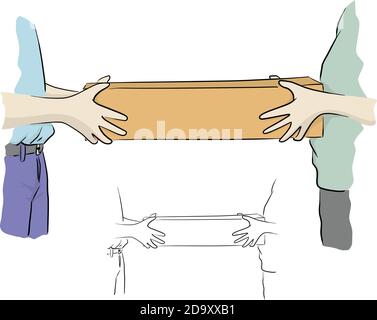 close-up hand of two people holding long box with copy space vector illustration sketch doodle hand drawn with black lines isolated on white backgroun Stock Vector