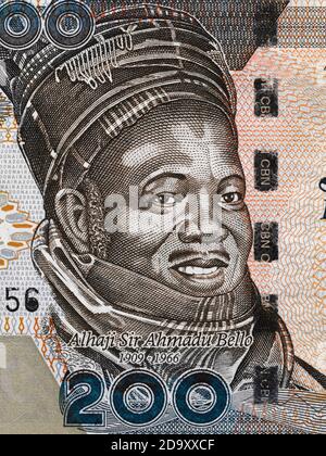 Ahmadu Bello portrait on Nigeria 200 naira banknote close up macro, Nigerian money closeup Stock Photo