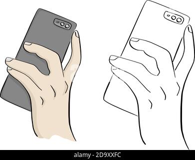 Male hand holding and touching on back side mobile smartphone vector illustration sketch doodle hand drawn with black lines isolated on white backgrou Stock Vector