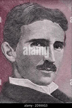Nikola Tesla portrait on Yugoslavia 5 dinars(1994) banknote close up macro, Yugoslavian money closeup Stock Photo
