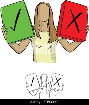 woman holding green check box and the red cross one vector illustration sketch doodle hand drawn with black lines isolated on white background Stock Vector