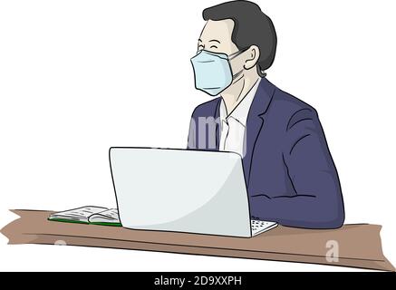 Well dressed young businessman with surgical medical mask sitting and working on laptop computer vector illustration sketch doodle hand drawn isolated Stock Vector