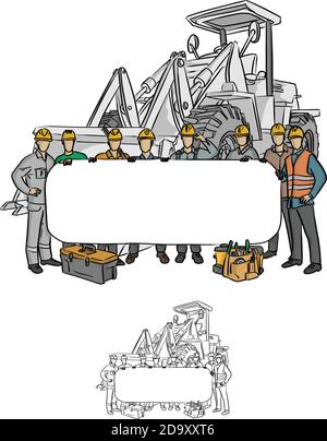 male construction worker holding blank billboard with gray excavator at the back vector illustration sketch doodle hand drawn with black lines isolate Stock Vector