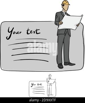 businessman with protective hardhat holding blueprints plans with copyspace vector illustration sketch doodle hand drawn with black lines isolated on Stock Vector