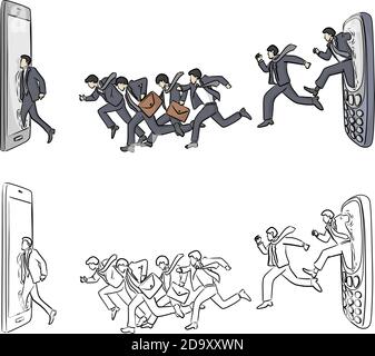 businessman running from old mobile phone to smartphone vector illustration sketch doodle hand drawn with black lines isolated on white background. Bu Stock Vector