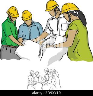 Four construction engineer working in construction site vector illustration sketch doodle hand drawn with black lines isolated on white background Stock Vector