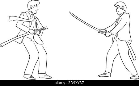 Businessman fighting in Japan martial art vector illustration sketch doodle hand drawn isolated on white background Stock Vector