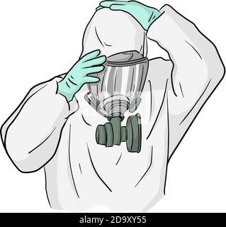 man in ppe suit wearing gas mask to prevent Covid-19 virus vector illustration sketch doodle hand drawn isolated on white background Stock Vector