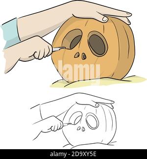 close-up hand carving pumpkin for Halloween vector illustration sketch doodle hand drawn with black lines isolated on white background Stock Vector