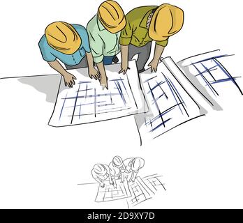 top view three construction engineer looking at blueprint in construction site vector illustration sketch doodle hand drawn with black lines isolated Stock Vector