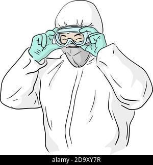 man in ppe suit wearing protective glasses to prevent Covid-19 virus vector illustration sketch doodle hand drawn isolated on white background Stock Vector