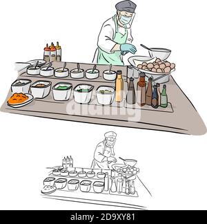 chef with face shield cooking food in restaurant vector illustration sketch doodle hand drawn with black lines isolated on white background Stock Vector