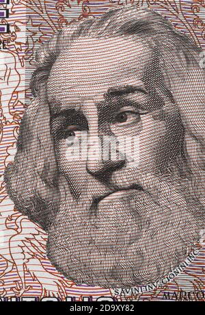 Marco Polo portrait on Italian 1000 Lire banknote closeup macro. Famous traveler, explorer, discoverer, cartographer. Stock Photo