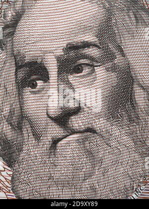 Marco Polo portrait on Italian 1000 Lire banknote closeup macro. Famous traveler, explorer, discoverer, cartographer. Stock Photo
