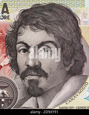 Caravaggio portrait on 100000 italian lire banknote closeup macro. One of the greatest and innovative painter of the Baroque. Stock Photo