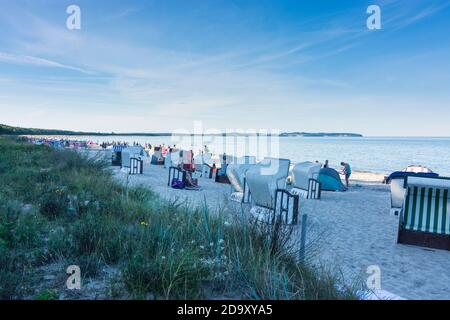Mönchgut: beach in Thiessow, Strandkörbe (beach chairs), bather, Baltic Sea, Ostsee (Baltic Sea), Rügen Island, Mecklenburg-Vorpommern, Germany Stock Photo