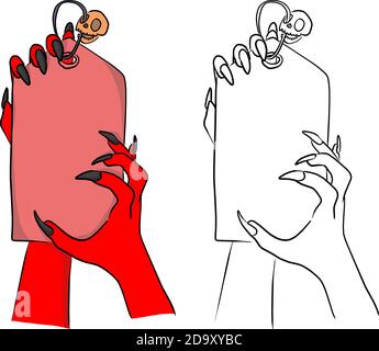 red hands of devil holding big price tag with small skull vector illustration sketch doodle hand drawn with black lines isolated on white background Stock Vector