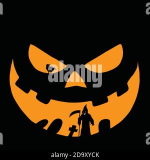 yellow face of Halloween pumpkin with devil and crow vector illustration sketch doodle hand drawn with black lines isolated on white background Stock Vector