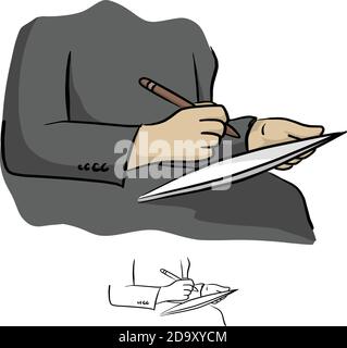 Hand writing digital stylus on the phone tablet vector illustration sketch doodle hand drawn with black lines isolated on white background Stock Vector