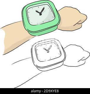 close-up man left hand with green clock on his wrist vector illustration sketch doodle hand drawn with black lines isolated on white background Stock Vector