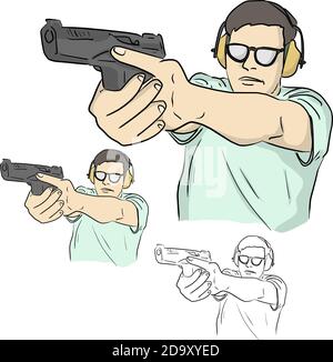 half length of male shooter holding gun and training tactical shooting with safety vector illustration sketch doodle hand drawn with black lines isola Stock Vector