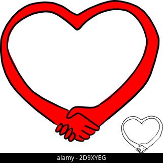 handshake in the shape of red heart vector illustration sketch doodle hand drawn isolated on white background Stock Vector