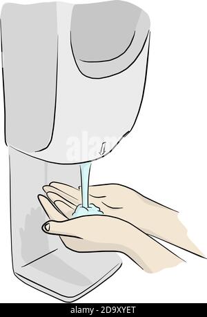 liquid soap on two hands to protect Covid-19 virus vector illustration sketch doodle hand drawn isolated on white background Stock Vector