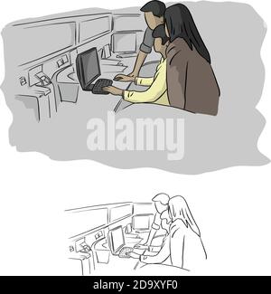 two people assisting a man in computer room vector illustration sketch doodle hand drawn with black lines isolated on white background Stock Vector