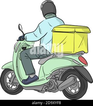 colorful delivery man riding motorcycle with box at the back vector illustration sketch doodle hand drawn with black lines isolated on white backgroun Stock Vector