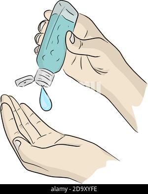 cleaning a hand with alcohol gel vector illustration sketch doodle hand drawn isolated on white background Stock Vector
