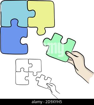 hands holding jigsaw puzzles vector illustration sketch doodle hand drawn with black lines isolated on white background. business matching concept. Stock Vector
