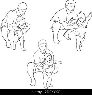 father holding child by the hands and learning to walk vector illustration sketch doodle hand drawn with black lines isolated on white background Stock Vector