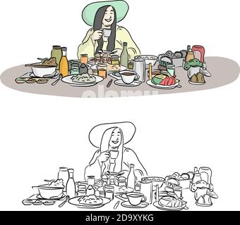 fat woman with green hat with much food on table vector illustration sketch doodle hand drawn with black lines isolated on white background Stock Vector